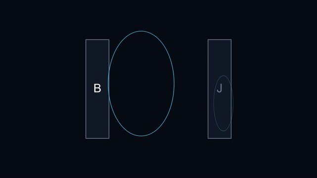 Abstract motion with moving geometric circles and letters b and j on dark animation 4k background