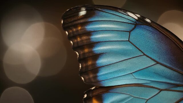 Blue butterfly wing macro detail with bokeh background during soft lighting