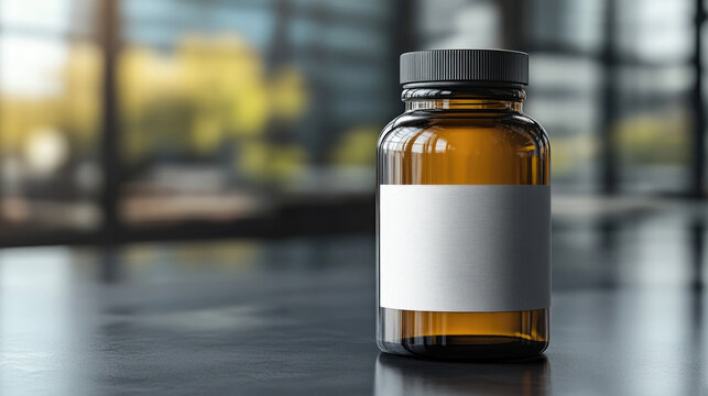 An amber glass medicine bottle with a blank white label and dark screw cap sits on a smooth dark tabletop, with a blurred office-style background.

