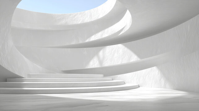 This is a minimalist all-white interior space with smooth curved architectural structures, tiered circular steps, and a skylight at the top that lets natural light pour in, creating soft layered shado