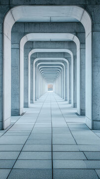 A perspective view of a long symmetrical corridor lined with repeating rounded concrete arches, with tiled flooring leading to a faint distant exit point.

