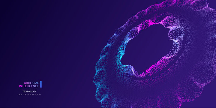 AI network perspective circle banner on purple backdrop. Technology particles website presentation design. Dots ai big data neon round background. Artificial Intelligence circles connected each other 