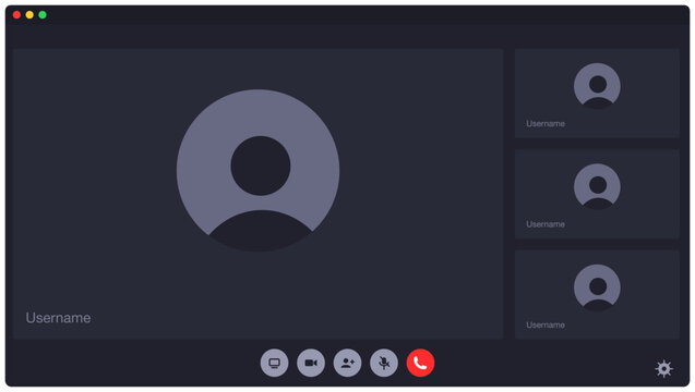 Video Conference Call Interface Mockup with Dark Mode Meeting Window, Participant Avatars, Video Controls, User List and Modern Online Communication Application Layout
