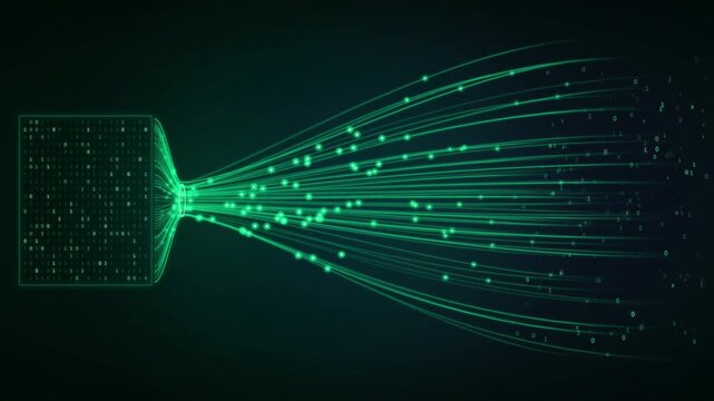 Data processing stream animation shows binary digits flowing through bright green glowing connection lines video footage