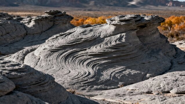 Layered sandstone formations with wavy textures in a desert landscape