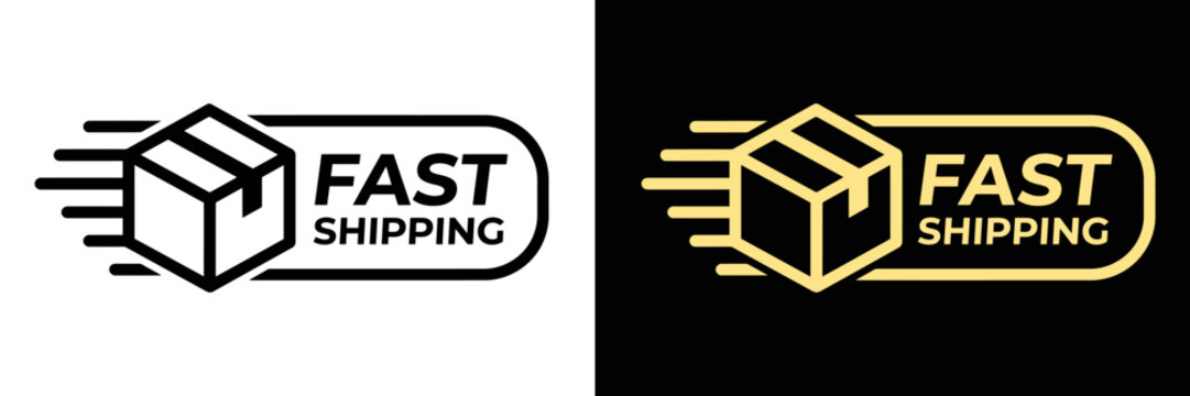 Fast shipping logo icon set, express delivery service badge with cardboard box, rapid logistics and transport vector graphic