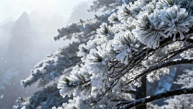 Snow-covered pine branches in a misty mountain landscape