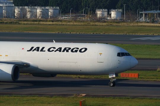Japan Airlines Cargo (JAL Cargo) Boeing 767F (JA654J) nose and forward fuselage detail while taxiing on November 4, 2024 in Narita, Tokyo, Japan.