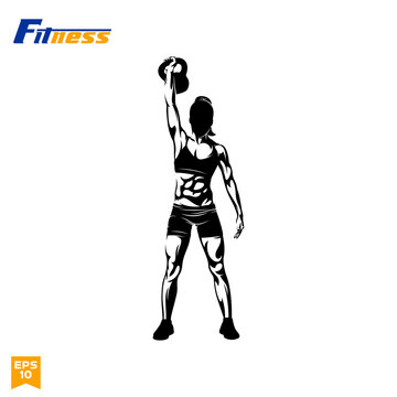 Woman doing kettlebell fitness exercise silhouette vector illustration for gym, workout logo, and fitness crossfit poster.