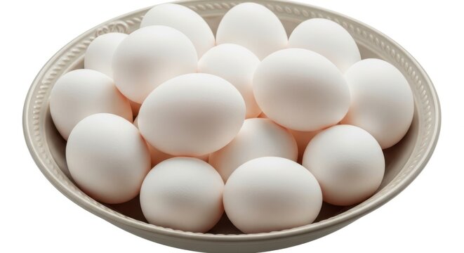 Fresh white eggs in a woven basket