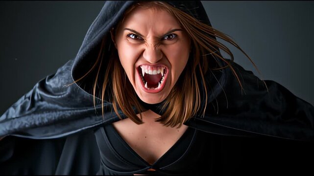 Woman with vampire fangs in dark cloak showing fierce expression