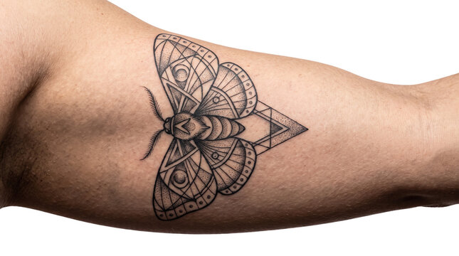 Geometric moth tattoo on inner arm, black ink butterfly design with symmetrical lines, artistic body art on human skin
