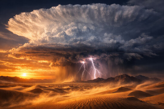 Dramatic thunderstorm with lightning over desert dune at sunset. Giant cumulonimbus anvil cloud with heavy rain and sandstorm. Extreme weather and climate power concept natural