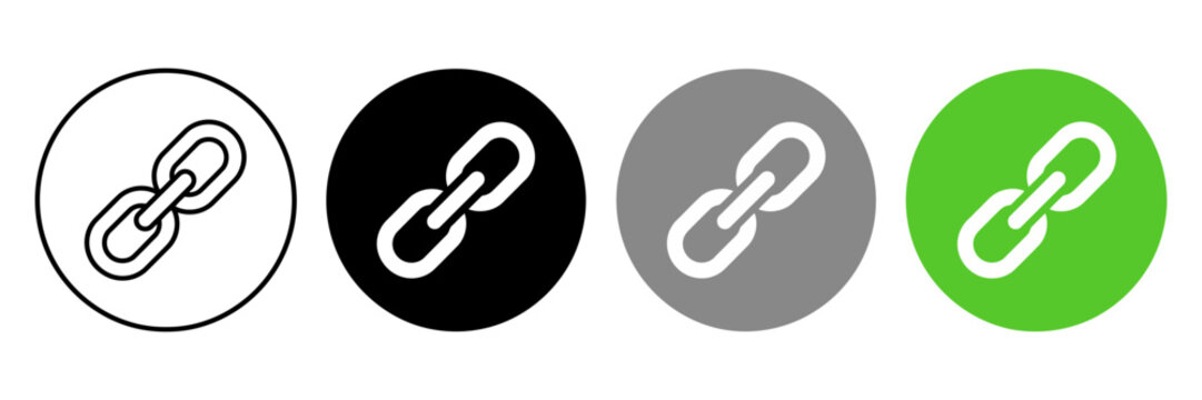 Chain link icon set, hyperlink symbols for web design, 4 circular connection buttons in black, grey, and green