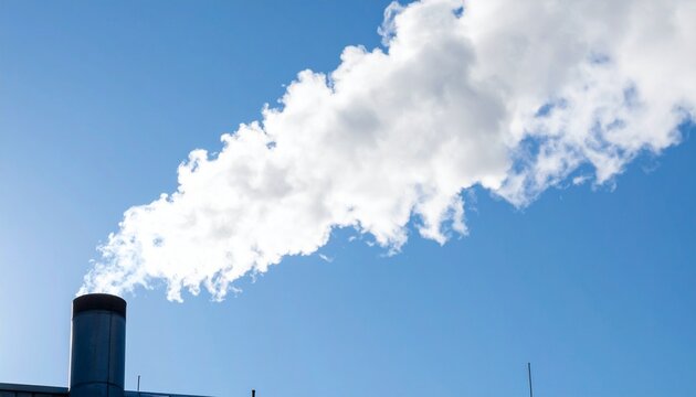 Industrial chimney releasing white steam plume against clear blue sky pollution concept