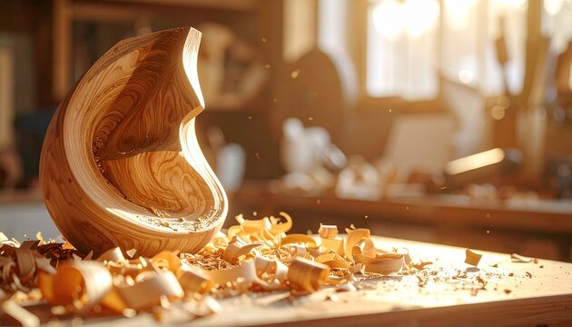 Handcrafted Wooden Sculpture with Curving Grain and Wood Shavings Artisan Workshop Concept