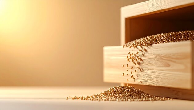 Wooden drawer overflowing with golden seeds spilling out abundance concept