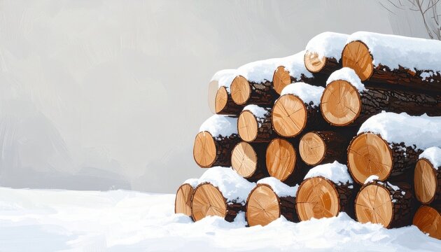 Snow Covered Stacked Logs in Winter Forest Firewood Storage Concept