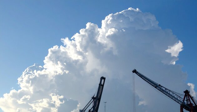 Massive Cumulonimbus Cloud Towering Over Port Cranes Industrial Harbor Sky Concept