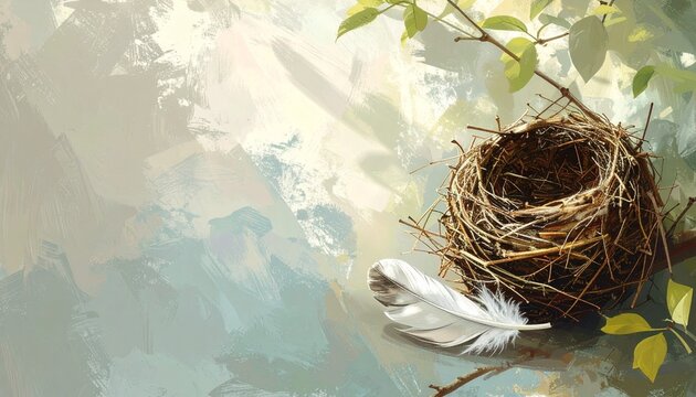 Empty Bird Nest with White Feather on Soft Painterly Background Nature Concept