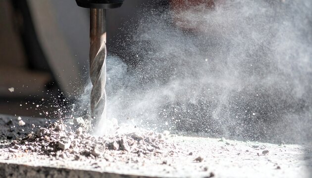 Drill Bit Boring into Concrete with Flying Dust Particles Industrial Construction Concept
