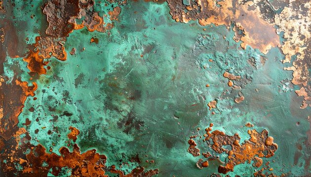 Oxidized Copper Metal Surface with Green Patina and Rust Texture Background