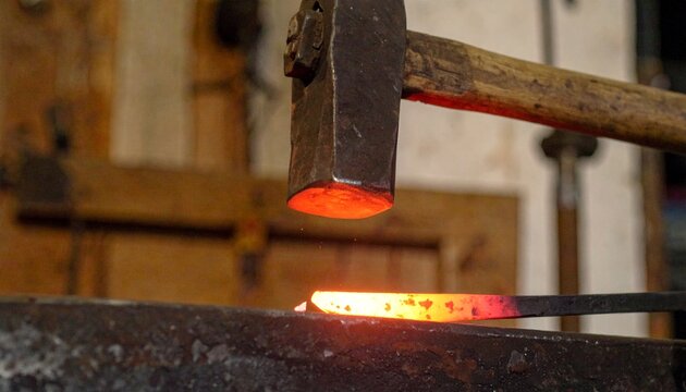 Blacksmith Hammer Striking Glowing Red Hot Iron on Anvil Forging Concept