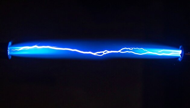 Electric Arc Discharge Glowing Blue Plasma Tube on Dark Background Science Concept