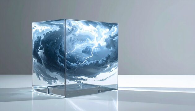 Storm Captured Inside Glass Cube with Lightning and Swirling Clouds Power Concept