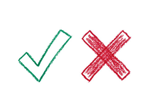Hand drawn green check mark and red cross symbols for positive and negative selection isolated on a clean white background
