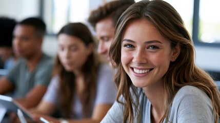 Fototapeta premium Happy young woman smiling for the camera in a classroom surrounded by classmates participating in educational activities