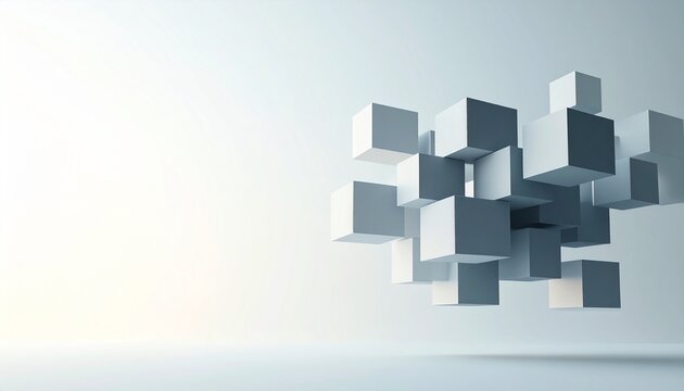 Floating 3D Cubes Cluster on Light Gray Background Abstract Business Concept
