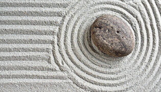 Zen Garden Stone with Raked Sand Ripple Pattern Mindfulness Concept