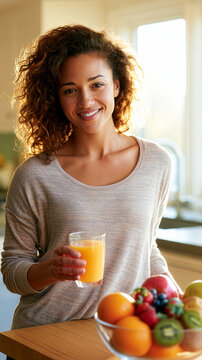 A naturally woman stands in a brightly lit kitchen  holding a glass of juicy fresh juice with a relaxed and genuine smile