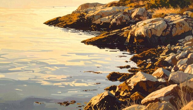 Rocky Coastal Inlet at Golden Sunset Calm Water Reflection Nature Landscape Concept