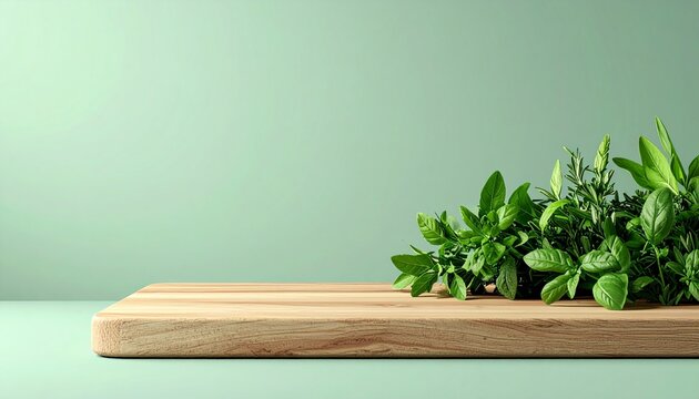 Fresh Herbs Bundle on Wooden Cutting Board with Mint Green Background cooking concept
