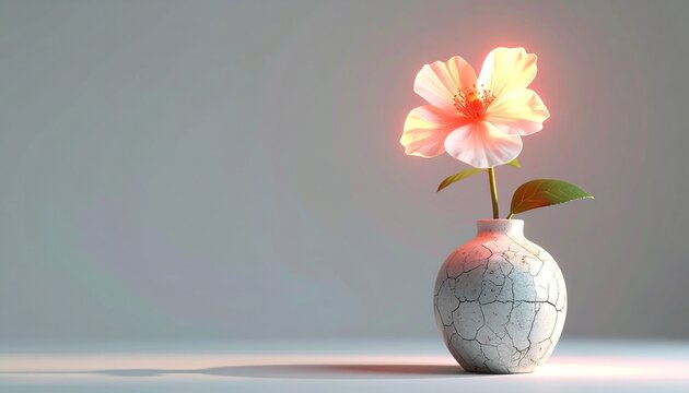 Glowing Pink Flower in Cracked White Ceramic Vase resilience concept