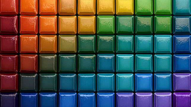 abstract background featuring perfectly aligned handcrafted ceramic square tiles arranged in a seamless vertical rainbow gradient