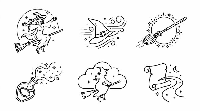 Hand drawn collection of magical witch themed doodle illustrations.