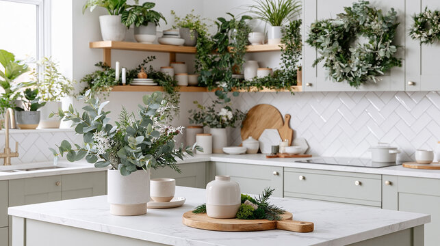 Modern kitchen interior featuring light gray cabinetry, wooden shelves adorned with plants, and a marble countertop with decorative items and a vase of greenery