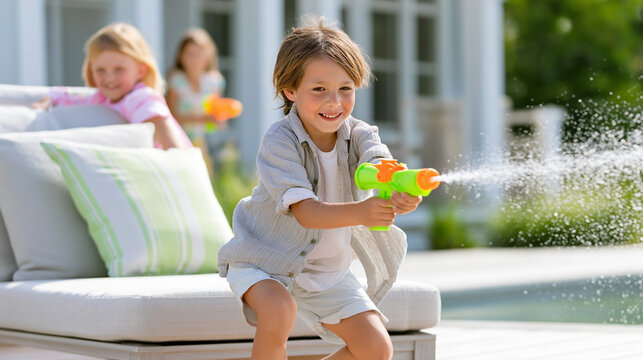 Young boy with water gun playfully sprays water while two girls enjoy a summer day in the background, seated on a patio with outdoor furniture and greenery
