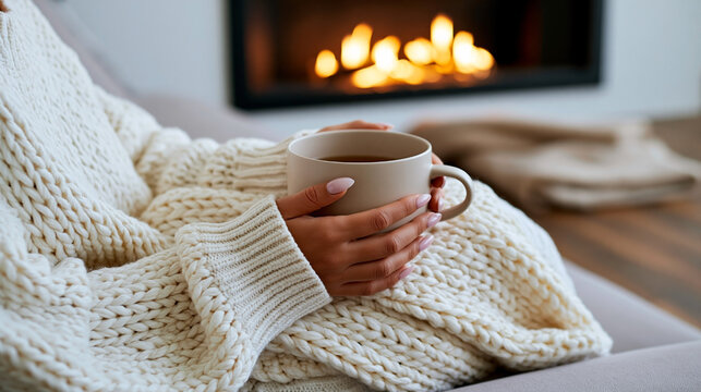 Cozy scene of a woman in a knitted sweater holding a warm cup of tea or coffee while sitting on a couch near a glowing fireplace in a modern living room