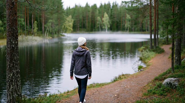 Woman walking along a lakeside path in a forested area, wearing a gray jacket and white beanie, with calm water and trees in the background