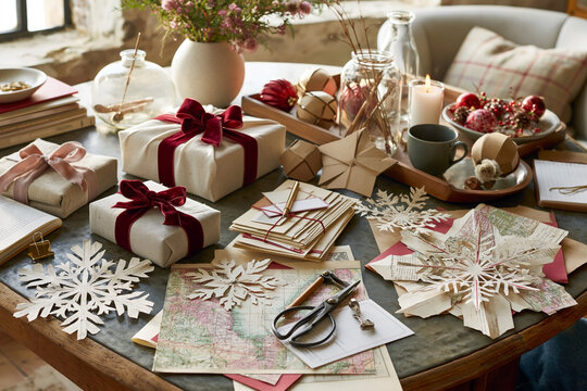 Christmas-themed crafting table with wrapped gifts, handmade decorations, and festive supplies, including snowflakes and candles, creating a cozy holiday atmosphere