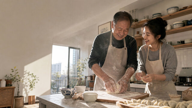 Grandfather and Granddaughter Making Handmade Dumplings - Multi-Generational Living - Authentic Family Lifestyle Photography - Sunbeam Morning Light