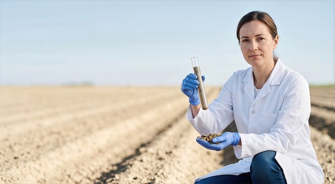 Female geotechnical engineer holding soil sample in a test tube. Scientist in white lab coat analyzing soil in a plowed agricultural field. Copy space