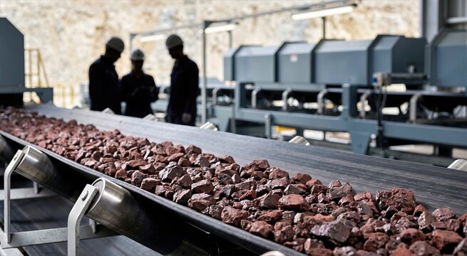 Dark red brown iron ore chunks on a conveyor belt. Industrial processing machinery with workers in the background of a mining facility
