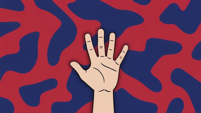 Hand reaching up with abstract red and blue pattern background seamless loop motion