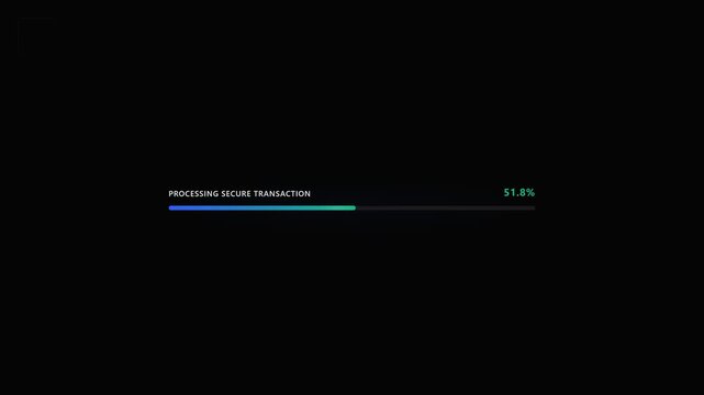 Digital interface hud of a secure transaction processing progress bar loading on a black screen. Close up graphic of a blue and green gradient bar counting up percentage for online payment security.
