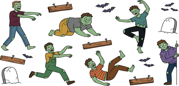 Funny cartoon zombie characters vector set with green undead monsters walking running and crawling